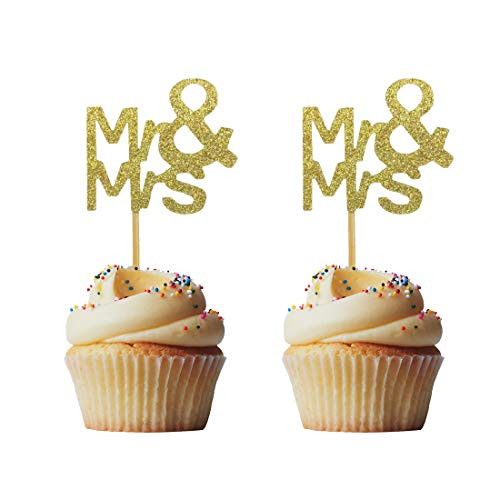 Morndew 24 PCS Glitter Gold Mr or Mrs Cupcake Toppers for Gender Reveal Party Baby Shower Birthday Party Decorations - Boy or Girl - He or She