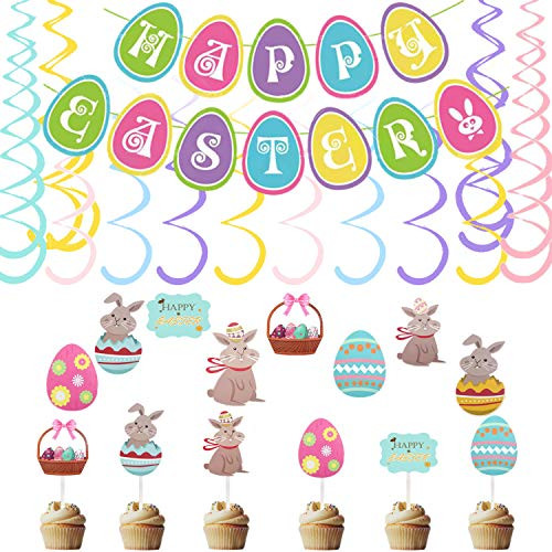 26 PCS Easter Decorations Egg Bunny Easter Hanging Swirl Foil Ceiling Decorations with Happy Easter Banner for Home Office School and Easter Themed Party Decoration