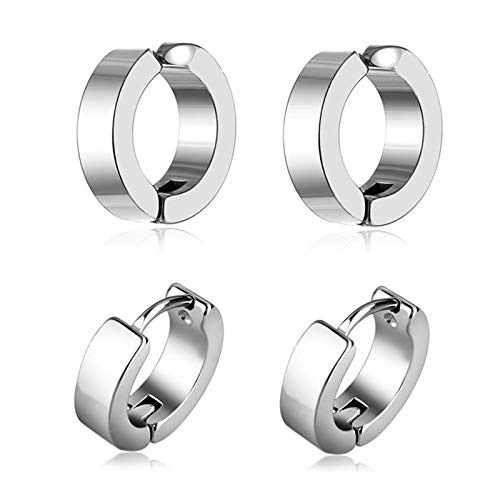 ONLYJUMP 2 Pairs Stainless Steel Stud Earrings for Women Men Punk Unique Silver Hoop Huggie Circle Piercing Clip Earring -Ear Clip-