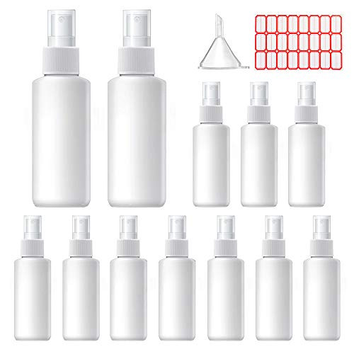Squish 12pcs Small Spray Bottle 3.4oz-100ml Clear Empty Fine Mist Plastic Mini Travel Bottle Set Refillable Liquid Containers with Funnels and 24pcs Labels -White-
