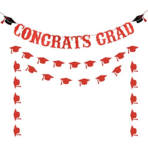 Red Graduation Decorations 2021- Red Glitter Congrats Grad Banner and Red Glitter Graduation Cap Banner 2021 Graduation Party Decoration Supplies Congrats Grad Decorations