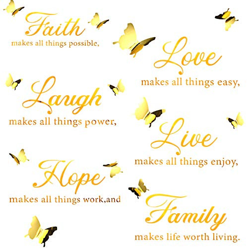 6 Pieces Faith Hope Love Laugh Family Live Wall Decal Sticker Motivational Wall Decal Sticker with 12 Pieces 3D Butterfly Decal Inspirational Quotes Sticker Set for Home Office Decor -Bright Gold-