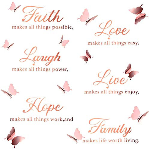 6 Pieces Faith Hope Love Laugh Family Live Wall Decal Sticker Motivational Wall Decal Sticker with 12 Pieces 3D Butterfly Decal Inspirational Quotes Sticker Set for Home Office Decor -Rose Gold-