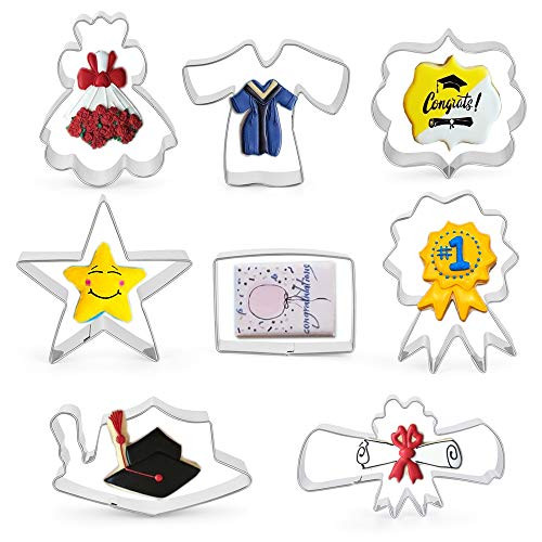 ZYTIN Graduation Cookie Cutters Set 8 Piece Stainless Steel Cookie Cutters Molds with Graduation Cap Diploma StarGown Plaque Frame Medallion Bouquet Rectangle for Party Supplies Decorations