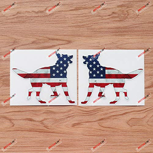 German Shepherd K9 Unit Dog American Flag Vinyl Decal Sticker - Mirror Images Reversed Subdued - Pair Glossy 5 Inches - for Car Boat Laptop Cup 09010