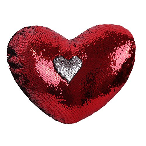 TRLYC Red and Silver Mermaid Throw Pillow with Insert Reversible Sequins Pillow Heart Shape Decorative Cushion--13"x15"