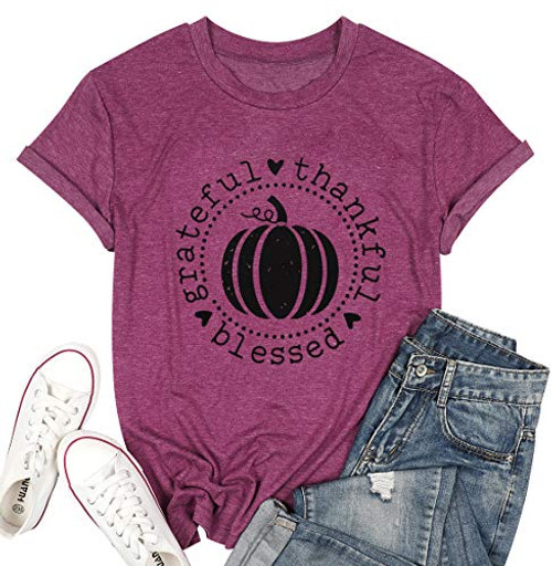 Grateful Thankful Blessed Thanksgiving Shirt Women Cute Pumpkin Letter Graphic T-Shirt Fall Casual Short Sleeve Tee Purple