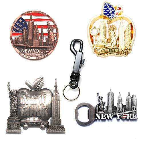 New York Souvenir Metal Fridge NY Magnets Set with Keychain - Empire State Building,Statue Of Liberty,Brooklyn Bridge,NYC Skylines (4 Magnet, 1 Keychain)