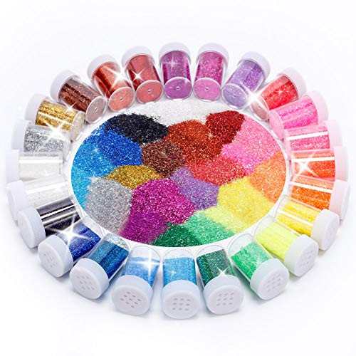 Suhome Arts and Crafts Glitter Shake Jars, Glitter Powder Sequins for Slime, Scrap-Booking, Body, Face, Party Invitations, Holiday Crafts - Assorted Colors (Set of 24)