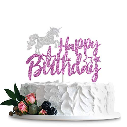 Unicorn Happy Birthday Cake Topper Magic Unicorn Themed Birthday Party Decor Decoration Supplies Photo Booth Props - Pink Glitter