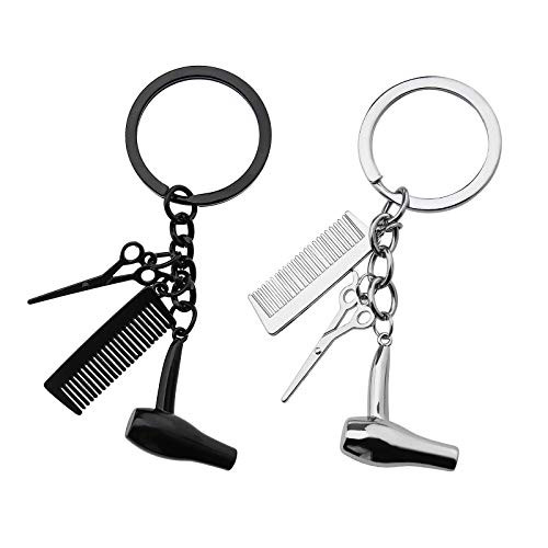 2Pcs Hairdresser Hair Dryer Scissors Comb Charm Pendant Keyrings Keychains 3 In 1 Design Silver  and  Black for Hair Stylist Salon Owner Gift