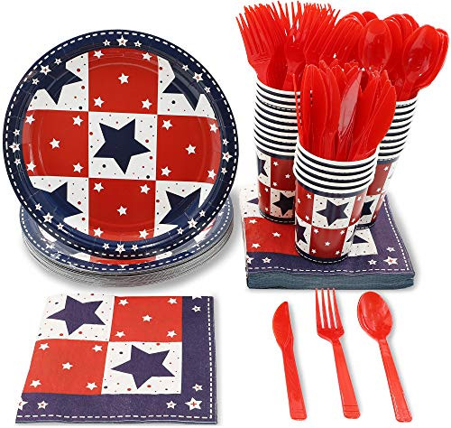 Patriotic Party Supplies  Serves 24  Includes Plates, Knives, Spoons, Forks, Cups and Napkins. Perfect Patriotic Party Pack for America Themed Parties.