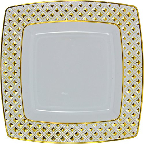 Diamond Gold Collection Square Plastic Salad Plate with Gold Rim - 7.6" - White - Pack of 10