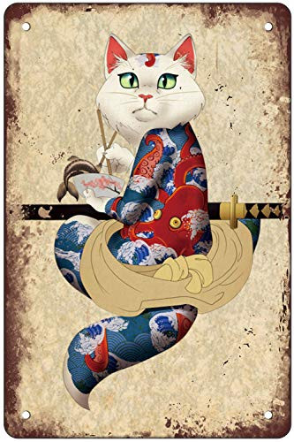 Cat Decor Vintage Poster Japanese Ninja Samurai Cat Tattoo Metal Tin Sign Retro Home Cafe Office Art Bar Pub Garage Classic Wall Decor Plaque 8x12 Inch