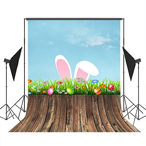Mocsicka Easter Party Backdrop 5x7ft Spring Grass Rabbit Ears Wood Floor Photo Booth Backdrops Easter Egg Blue Sky Photography Background