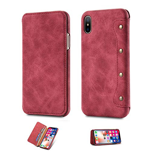 iPhone Xs Max Wallet Case Leather,SXTBMR Credit Card Wallet Folding Flip Case,Kickstand,Card Holder,Magnetic Closure Protective Cover for iPhone Xs Max - Red