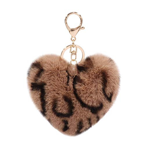 Women's Heart Puffball Keychain Faux Fur Pom Pom Keyholder Bag Accessory Keyring Backpack Charms for Girls-Leopard-brown-