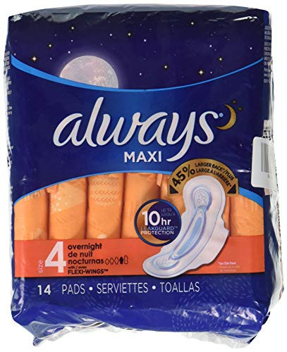 Always Maxi Size 4 Overnight Pads with Wings Unscented 14 count