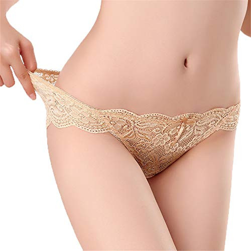 Bikini Cotton Womens Thong Underwear Lace Trim Soft Sexy Lingerie Panties Set Apricot