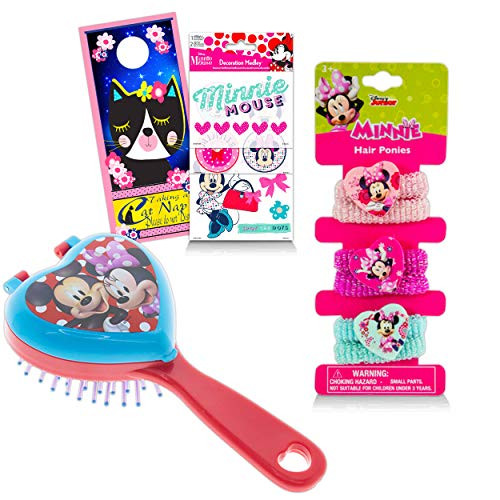 Disney Minnie Mouse Accessories Bundle - 9 Pcs Hair Accessories Ponies Brush Hair Clips for Dress Up with Minnie Stickers -Minnie Mouse Party Supplies-