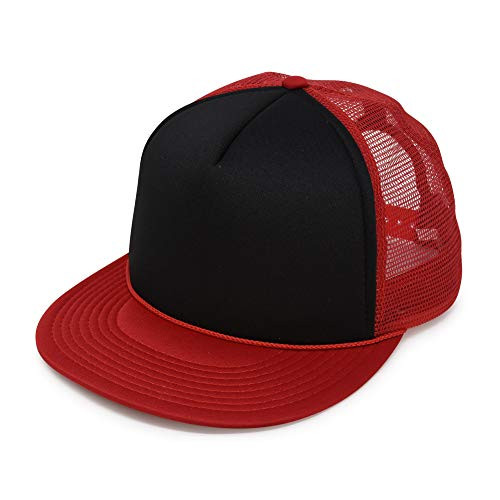 DALIX Flat Billed Trucker Cap with Mesh Back in Red-Black