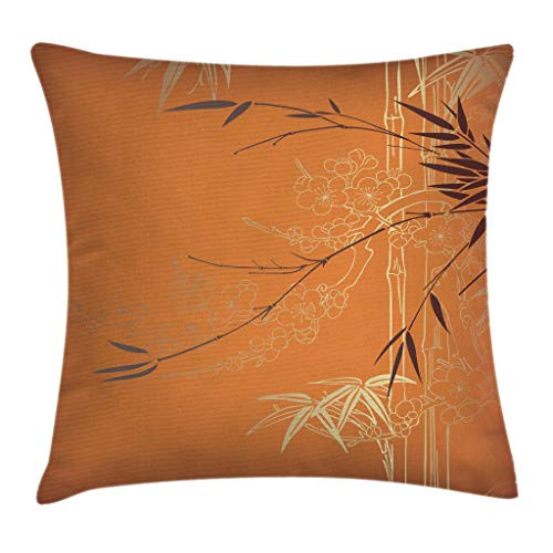 Ambesonne Bamboo Throw Pillow Cushion Cover Bamboo Branches Flowers Illustration in Vivid Color Eastern Nature Theme Decorative Square Accent Pillow Case 16" X 16" Orange