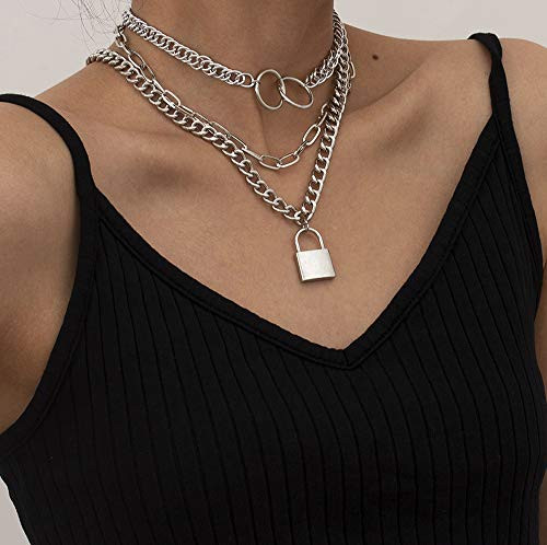 Denifery Dainty Lock Pendent Paperclip Chain Link Necklaces Layered Necklace Lock Pendant Punk Long Chain Statement Choker for Women Men -Silver A- Denifery Dainty Lock Pendent Paperclip Chain Link Necklaces Layered Necklace Lock Pendant Punk Long Chain Statement Choker for Women Men -Silver A-