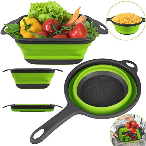 Collapsible Colander with Handle Kitchen Silicone Strainer Colanders Set 2 Pack Folding Strainer for Draining Pasta Fruit Vegetable
