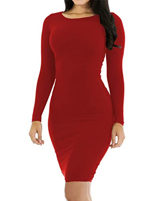 Women's Pencil Bodycon Dress Sexy Casual Long Sleeve Ruched Tight Midi Club Party Dress Burgundy S