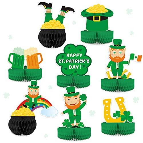 Saint Paddy's Day 3D Table Decorations St.Patrick's Day Honeycomb Party Table Centerpiece Shamrock Leprechaun Horseshoe Pot of Gold Table Toppers for Kids Irish Birthday or Baby Shower Party