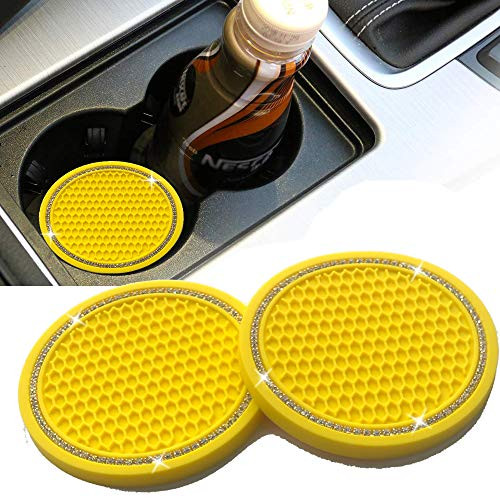 License plate frameX Yellow 2pcs Universal Vehicle Bling Cup Holder Insert Coaster Car Interior Accessories-2.75 inch Silicone Anti Slip Crystal Rhinestone Car Coaster-Universal-Yellow Bling-