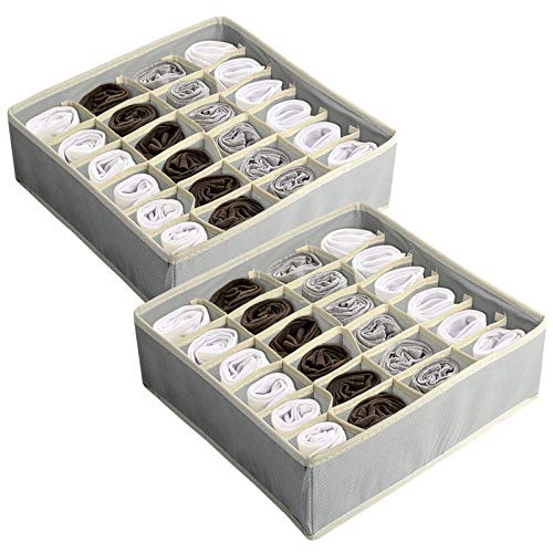 2 Pack Socks Drawer Washable Organizer Divider 24 Cell Collapsible Closet Cabinet Organizer Storage Boxes for Clothes Socks Lingerie Underwear Ties -Gray-