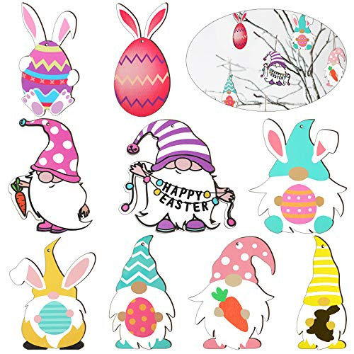 Jetec Easter Wooden Hanging Ornaments Wood Gnome Ornaments Easter Bunny Egg Gnome Wood Embellishments for Easter Parties Home Decorations