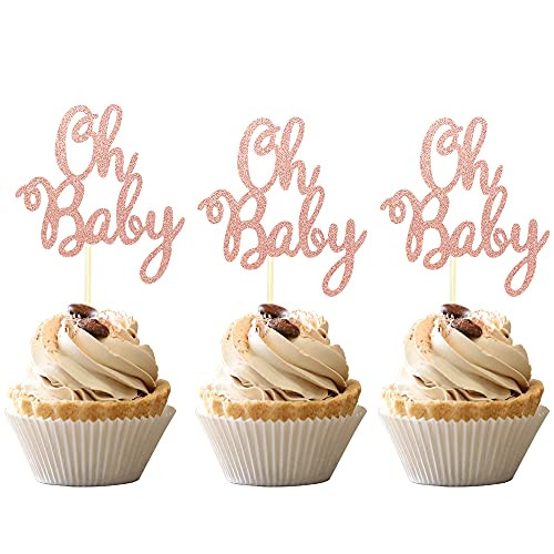 36 PCS Oh Baby Cupcake Toppers Glitter Oh Baby Birthday Cupcake Picks Celebrating Baby Shower Boys Girls Birthday Party Cake Decorations Supplies Rose Gold