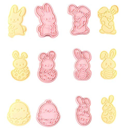 CheeseandU 6 PCS Easter Cookie Cutters Set-3D Plastic Easter Egg Bunny Biscuit Press Stamp Molds Non-Stick Chocolate Cake Moulds Cake Decoration DIY Baking Tools for Holiday Easter Party Supplies