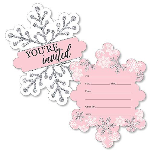 Pink Winter Wonderland - Shaped Fill-in Invitations - Holiday Snowflake Birthday Party or Baby Shower Invitation Cards with Envelopes - Set of 12