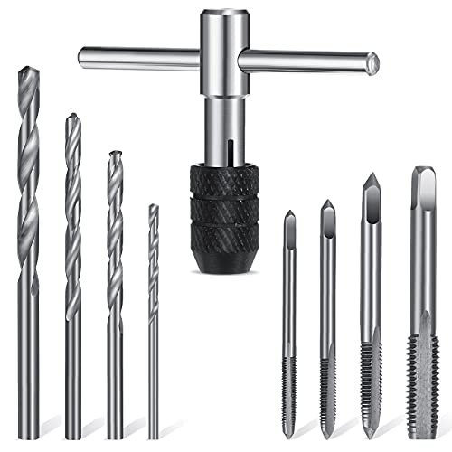 10 Pieces Adjustable T-tap Wrench Set Adjustable T-Handle Ratchet Tap Holder Wrench Machine Screw Thread Metric Plug Tap with M3-M6 Taps and Drill Bits