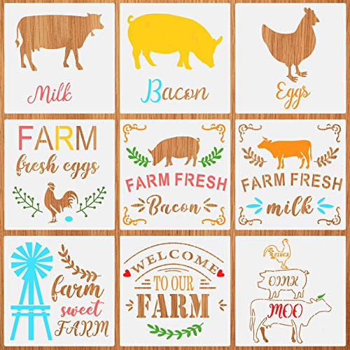 9 Pieces Farmhouse Stencils Farm Theme Reusable Stencils Farmhouse Decor Painting Stencils DIY Drawing Template for Painting on Wall Fabric Furniture Floor Crafts Home Decor 7.87 x 7.87 Inches