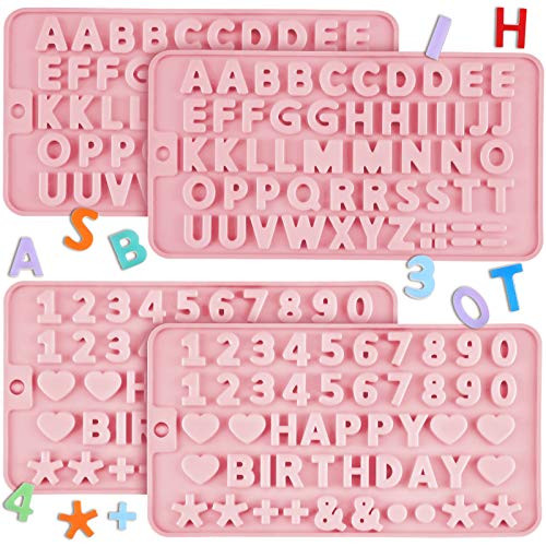 4 Pieces Letter Silicone Molds Happy Birthday Alphabet Silicone Cake Baking Mold Letter Number Chocolate Molds for Cake Candy Chocolate Decorating Tray -Pink-