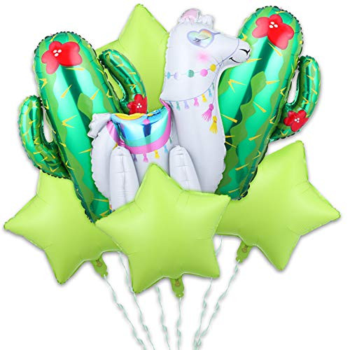 Alpaca Themed Llama Birthday Party Decorations Set Include 1 Pieces Llama Foil Balloons 2 Pieces Green Cactus Balloons and 4 Pieces Green Star Balloons for Girls Boys Baby Shower Decorations