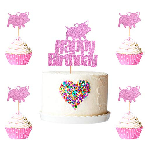 Keaziu 25 Pack Pink Pig Cupcake Toppers Birthday Cupcake Picks Supplies for Baby Shower Cute Animal Party Cupake Decorations 1pcs Pink Pig Happy Birthday Cake Topper plus24pcs Pink Pig Cupcake Toppers