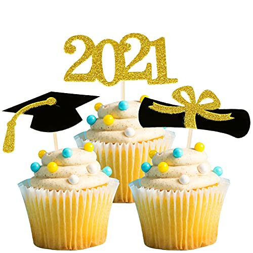 Larchio 48pcs Graduation Cupcake Toppers 2021 Gold Graduation Cupcake Picks Glitter Grad Cupcake Topper for 2021 Graduation Cupcake Decorations
