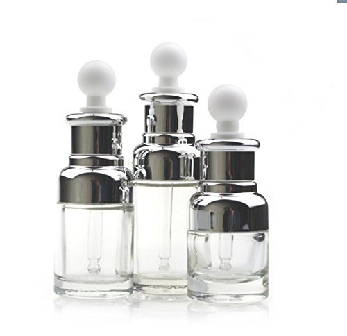erioctry 1PCS 20ML Empty Refillable Upscale Clear Glass Bottle Essential Oil Elite Fluid Cosmetics Jar Pot Container Vial with Glass Pipette Eye Dropper -Silver-