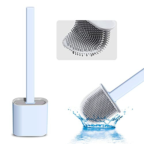 Silicone Toilet Brush and Holder Set Mounted Silicone Toilet Bowl Brush Deep Cleaning Non-Slip Long Plastic Handle Bendable Brush Head Clean Toilet Corner Easily Silicon Brush-Sky Blue-