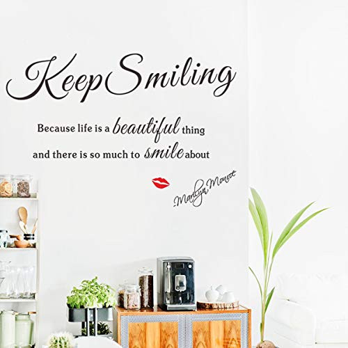 Keep Smiling with Red Lip Wall Stickers Vinyl Inspirational Lettering Wall Decals for Bedroom Living Room Couch Decor