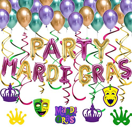 Mardi Gras Decorations Party Foil Swirl Pack[Value Plus]- 30PCS Ceiling Swirl Hanging Decorating Kit, 16" MARDI GRAS PARTY Foil Alphabet Letters with 1 Dozen 16" Metalic Balloons - ReeTop Idea