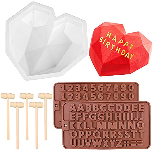 JOERSH Breakable Heart Mold with Wood Hammers Silicone Chocolate Heart Number and Letter Mold for Baking for Mother's Day Gift