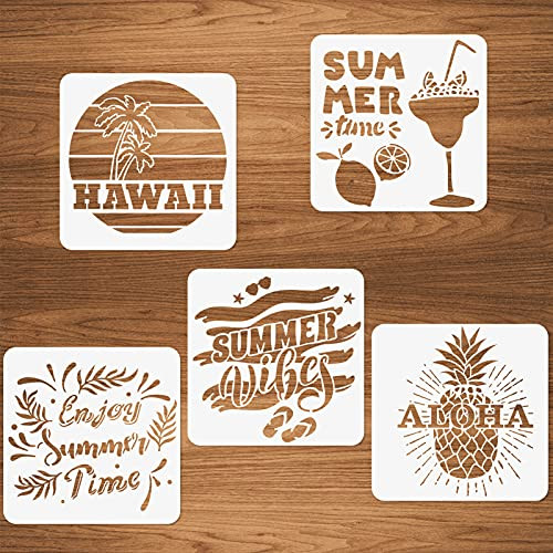 Summer Stencils - 5 Pcs Reusable Plastic Stencils for Painting on Wood Including Hawaii Coconut Tree Lemon Pineapple Summer Vibes Aloha Letters for Farmhouse Card Making Canvas Scrapbook 8" x 8"