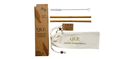 QLE Reusable Bamboo Drinking Straws Eco Friendly Alternative to Plastic Straws  Organic BPA-Free Biodegradable Zero Waste Straws  Cleaning Brush and Natural Cotton Carrying Bag Included  12 Pack