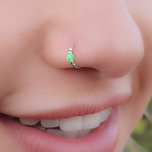 Green Opal tiny nose hoop - Ultra Thin 24G Sterling Silver Nose ring piercing ring - 7mm nose hoop - Green Opal silver nose ring